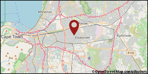 a map with a pin at -33.9300,18.5661